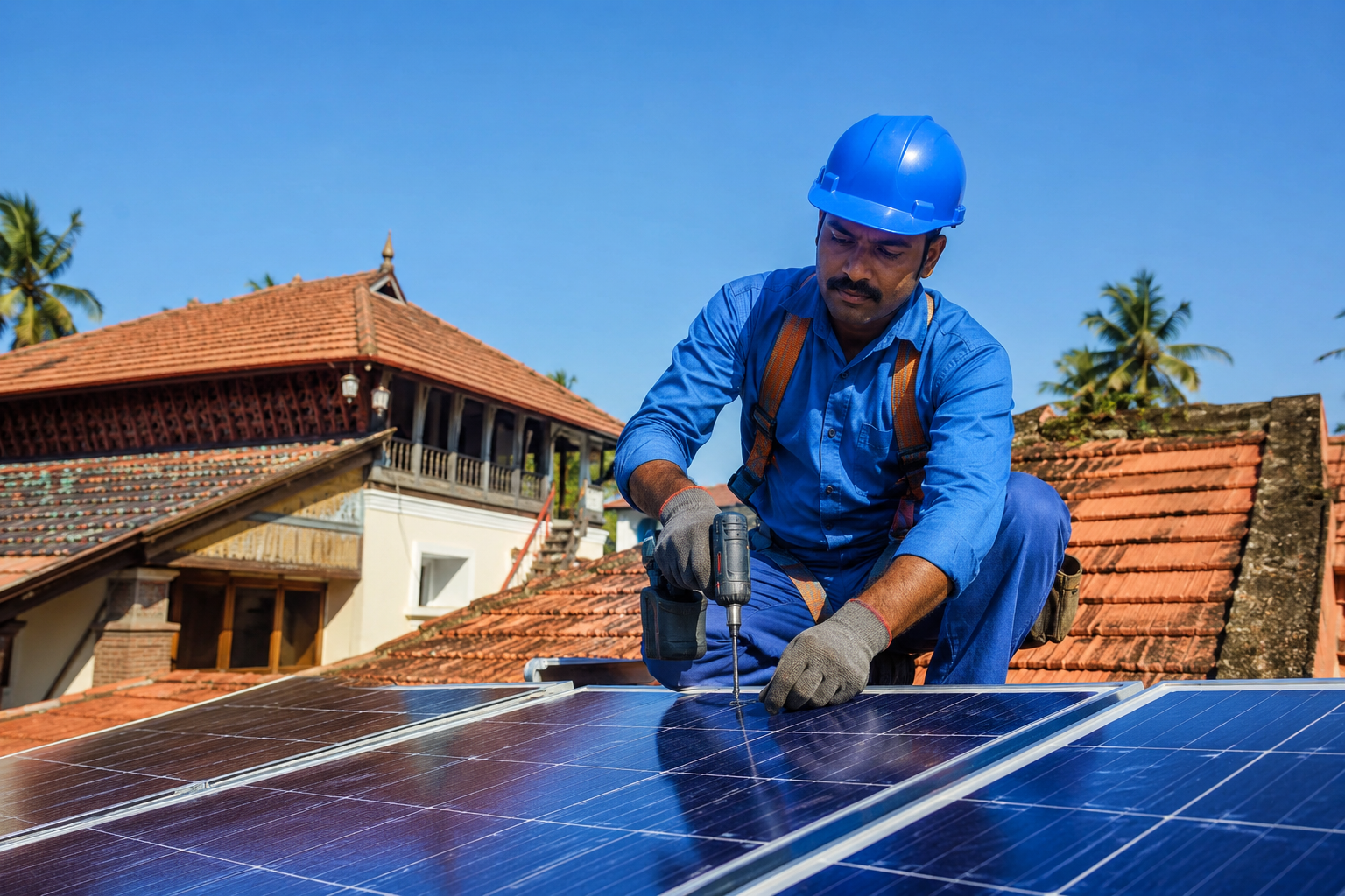 Technician drilling a mounting rail while installing rooftop solar panels on a tiled roof